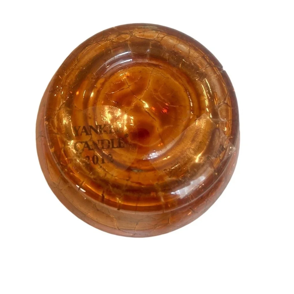 Yankee Candle 2012 Amber Crackle Glass Votive Candle Holder Orange Pedestal 4.5